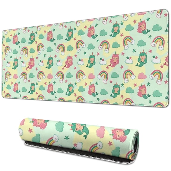 Long Mouse Pads for Desk,Green Cartoon Mermaid Unicorn Rainbow Cloud Desk Mats on Top Of Desks, Desk Mouse Pad Extra Large with 3mm Non-Slip Base and Stitched Edge for Gaming,Work,Home 31.5"x11.8"
