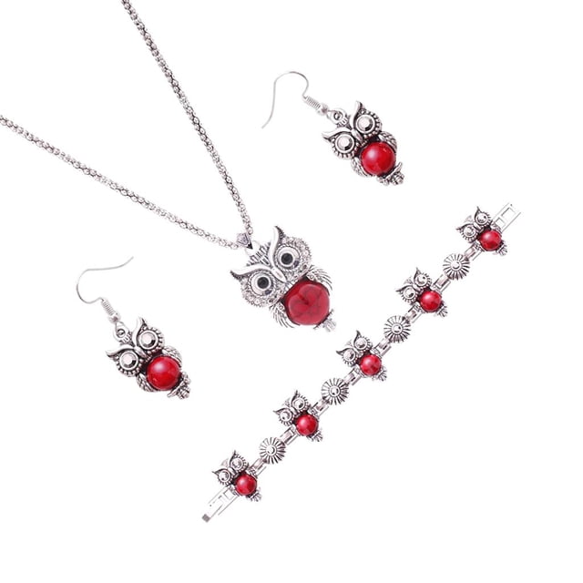 Conjuntos de joyería Zulema Plata tibetana Búho turquesa Collar y Pendientes Búho Rojo