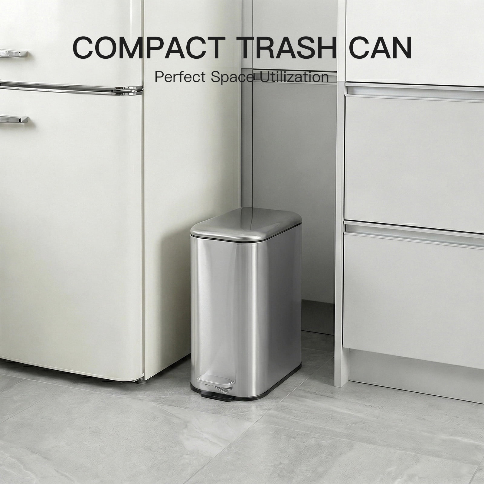 Bathroom Trash Can with Lid, 3.2 Gallon / 12 Liter Stainless Steel Garbage Can with Removable Liner Bucket, Small Step Wastebasket with Slim Design for Toilet Bedroom Office