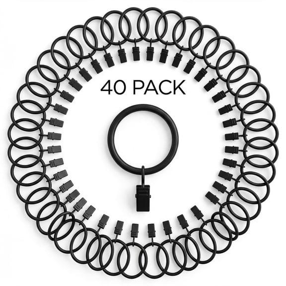 CNDRLEF Curtain Rings with Clips, 40 Pack Heavy Duty Black Drapery Clip Rings, Metal Curtain Clip Rings for Curtains, Drapes, Photos and Home Decor, 1.26 in Inner Diameter