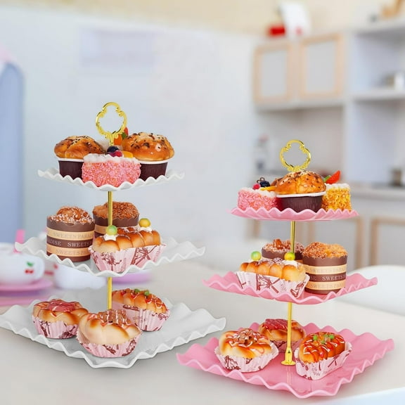 5 Pcs Dessert Display Stands, 2pcs 3 Pcs Tray, Pink Cupcake Stand Set for Wedding Tea Party, Easy to Clean and Assemble
