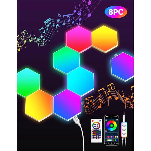 Hexagon Light Panel - 8   APP  Hexagon  Lights Wall Lights with Remote Control & Music Sync for Halloween Decor, Gaming Decor