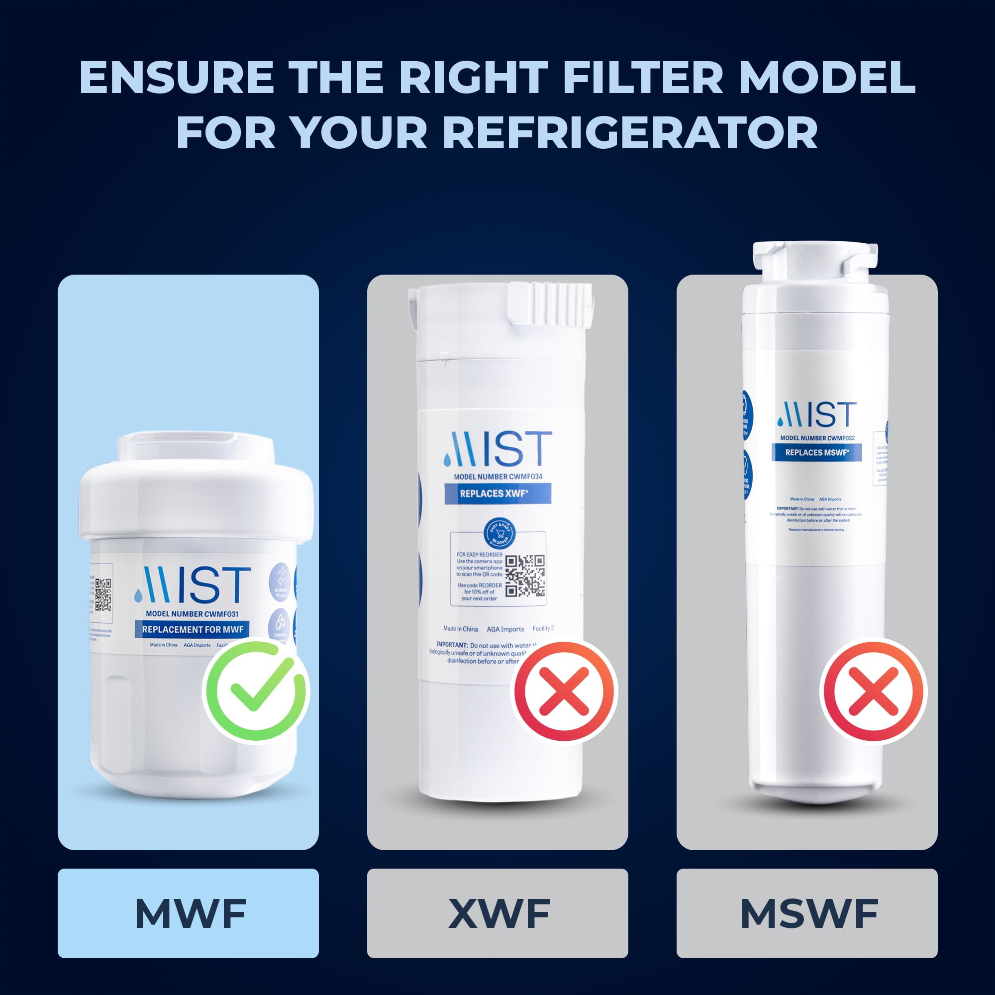 Mist MWF Refrigerator Water Filter Replacement Cartridge for GE, Compatible with MWFP, MWFA, GWF, HWF, Smart Water, WFC1201, Kenmore 9991, 469991, WFC1201, GSE25GSHECSS, 2-pack