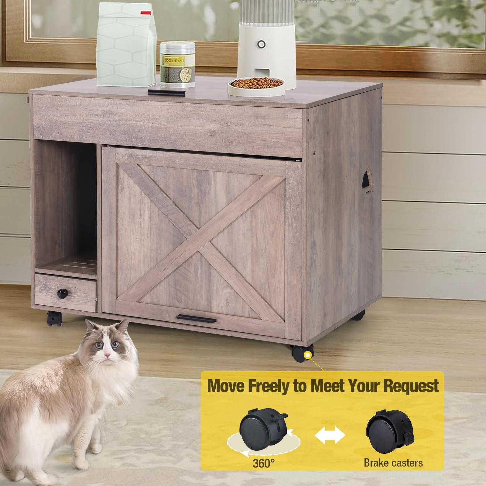 Aivituvin Cat Litter Box Enclosure Cabinet,Flip Top Hidden Litter Box Furniture,Indoor Wooden Covered Cat House with Drawer,Wheels