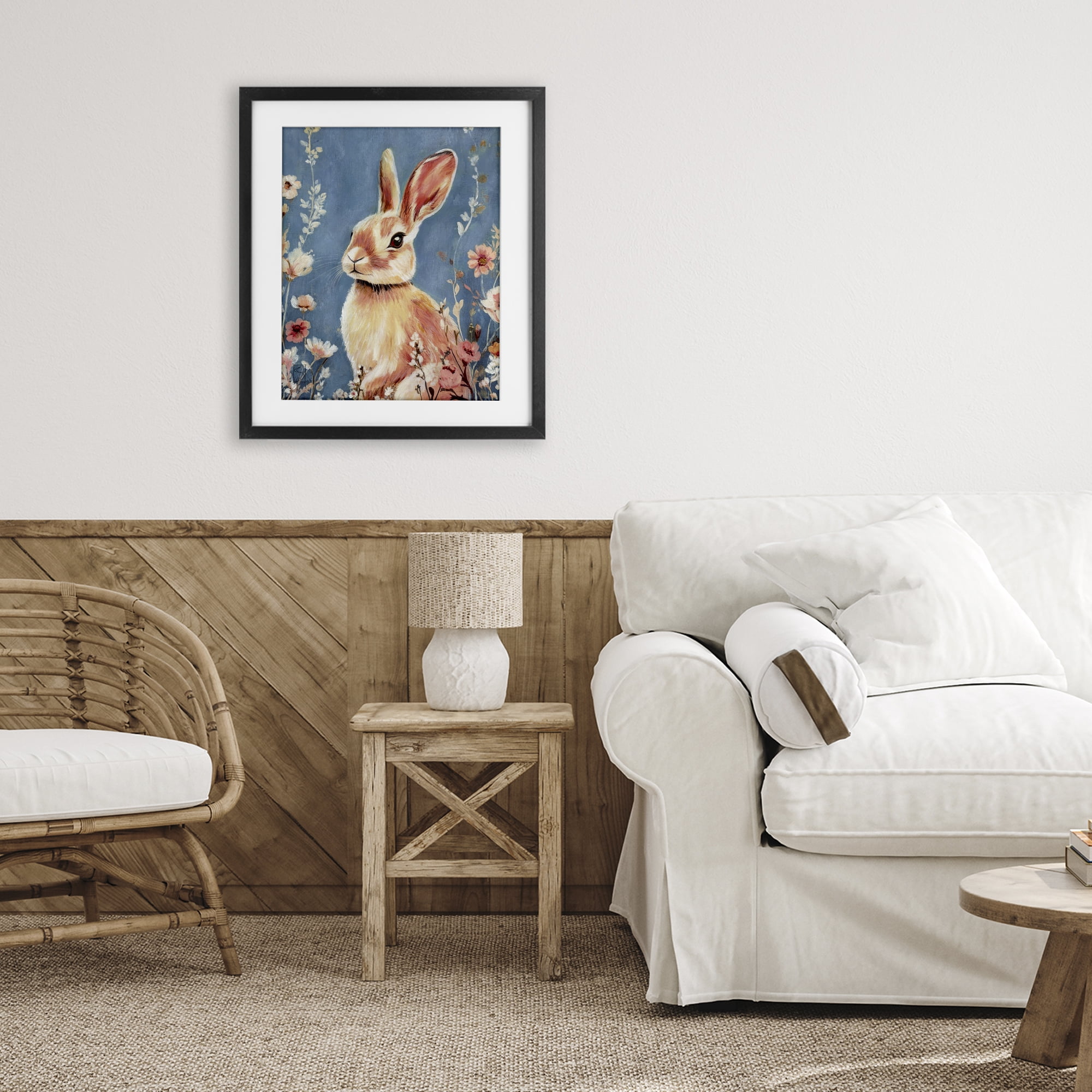 Stupell Industries Whimsical Rabbit on Blue Black Framed Print Under Glass, design by Sara Culpepper