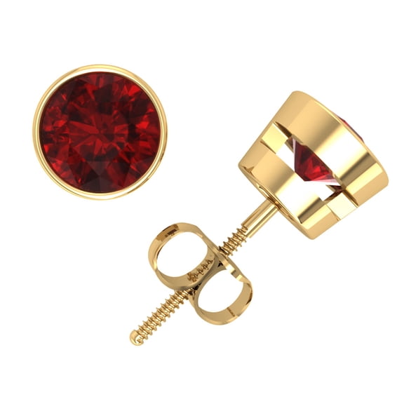 Genuine 2.0Ct Round Ruby Solitaire Stud Earrings 14k Yellow Gold Bezel Screwback AA Quality