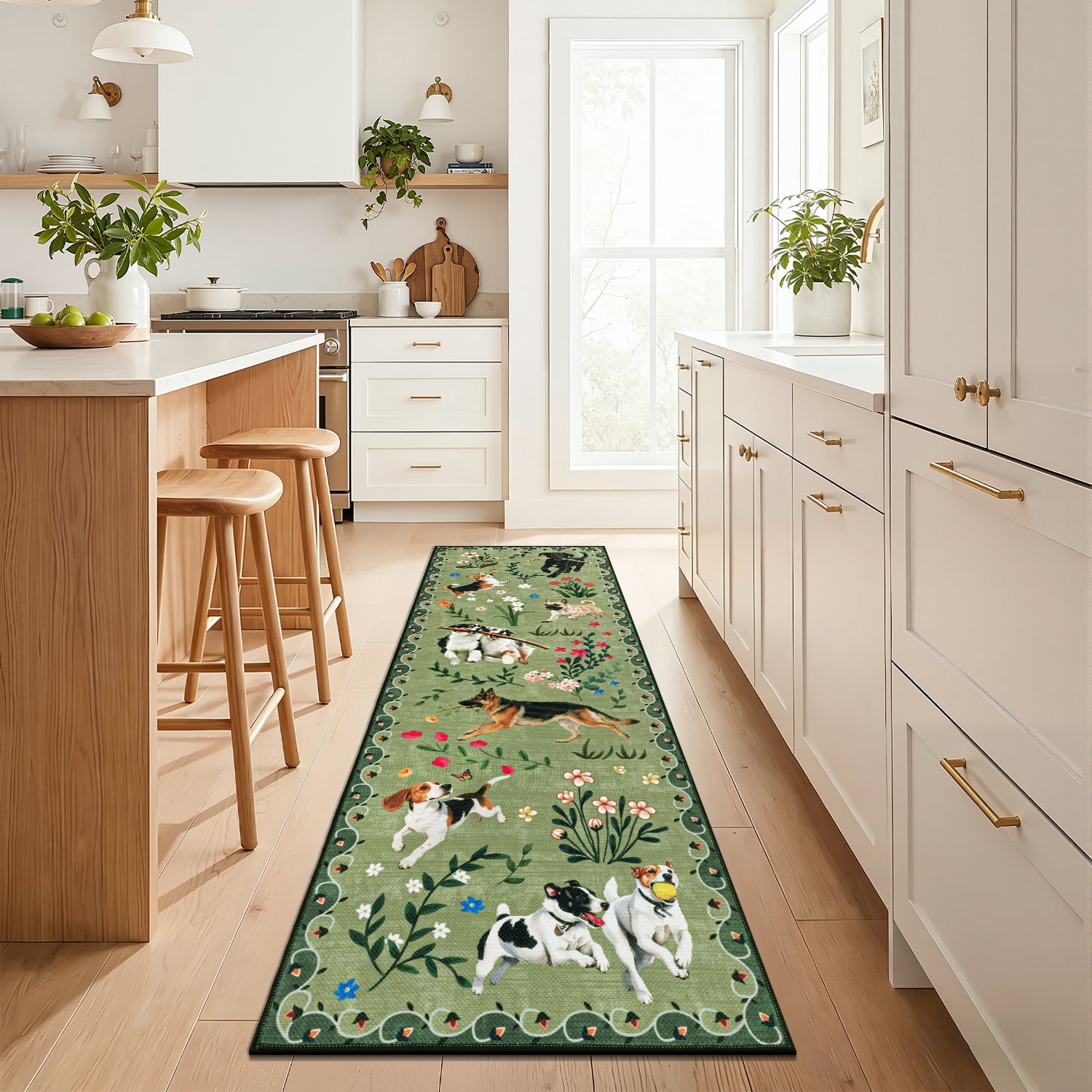 MJIAexp 2'x6' Jute Animal Dog Floral Kitchen Runner Rug,Woven Texture Machine Washable Runner Rug Non-Slip Rubberback Hallway Runner Laundry Rug Throw Carpet for Living Room Bedroom Dining Room Entry