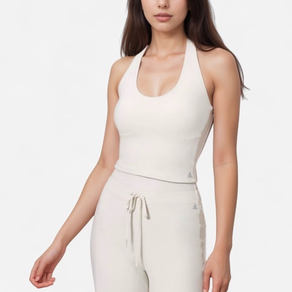 Women's Halter Active Tank Top with Scoop Neckline Seamless Stretch Fit and Built-In Light Support Shelf - Off White, X Large