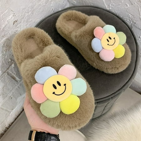 

CoCopeaunt Lovely Sun Flower Women Slippers Winter Bedroom Warm Fuzzy Fluffy Flat Shoes Home Slippers Baotou Lazy Thick Fur Slides