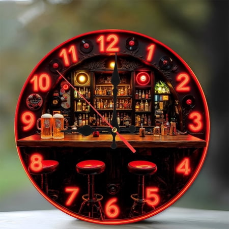 Neon Clock Bar Pub Decor Wall Clock 10-Inch Silent Wooden Wall Clock, Battery Operated (AA Batteries Not Included), Artistic Home Decor