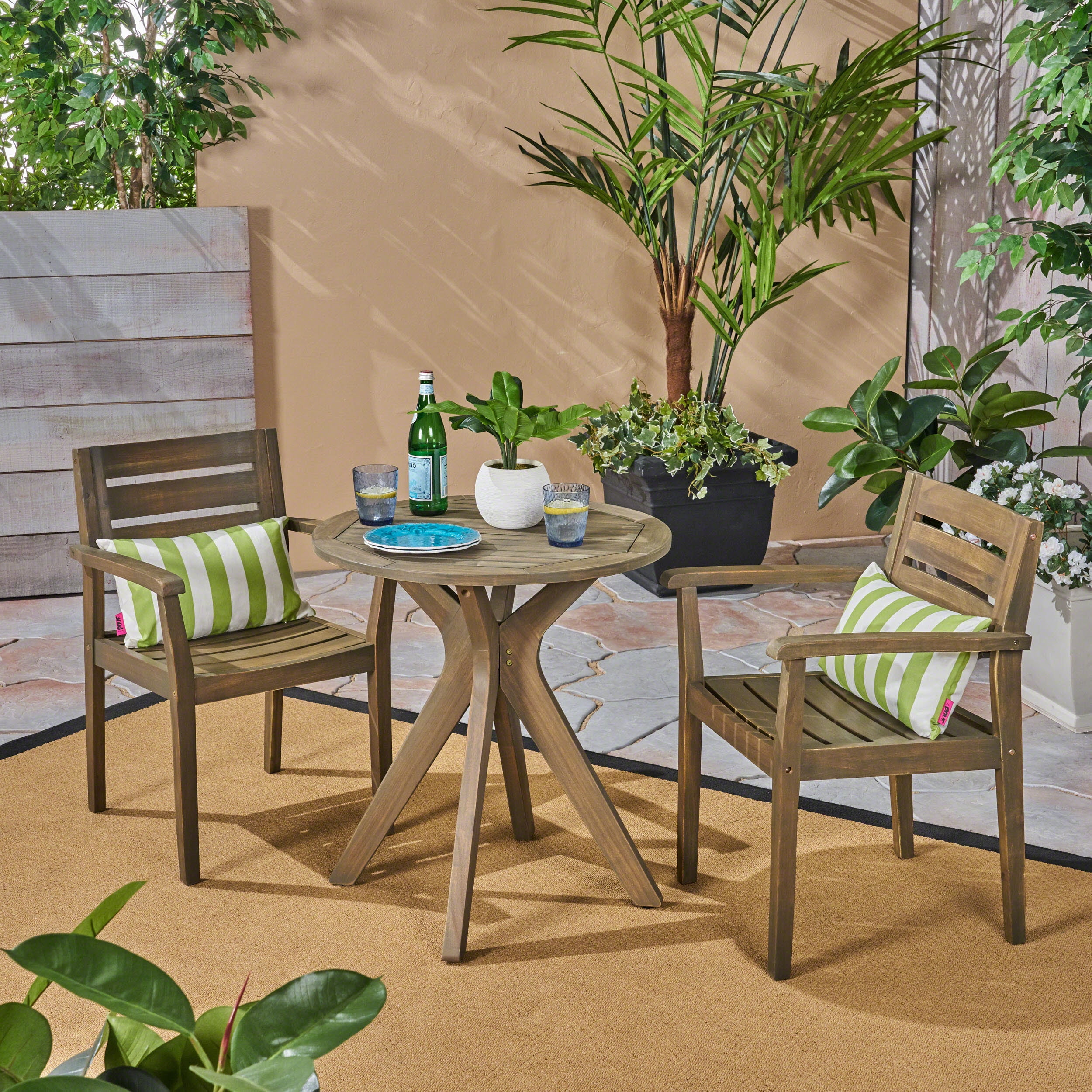 Zack Outdoor 3 Piece Acacia Wood Bistro Set with Cross Legged Bistro Table, Gray Finish 