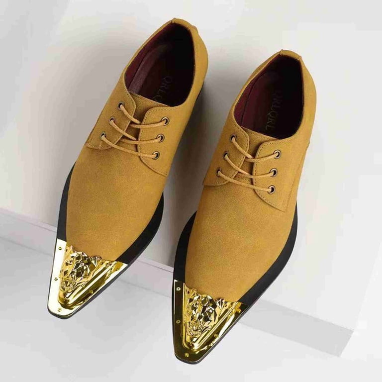 grey dress yellow shoes XBTEVUDAK Mens Pointed Toe with Metal Cap, Lace-Up Formal Oxford Shoes for Business, Black/Grey/Yellow Available, Men's, Size: 12 Womens Oxfords