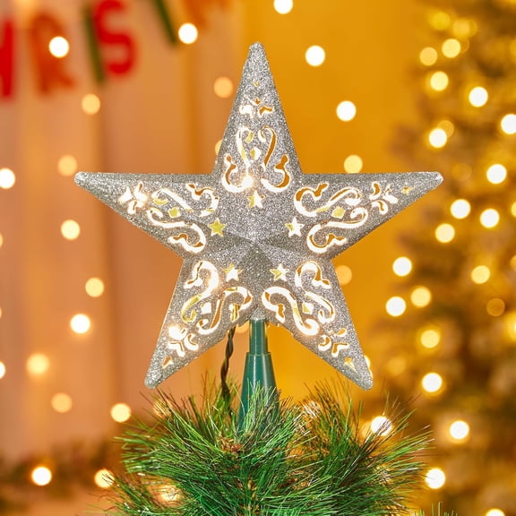 Christmas Star Tree Topper, 9.5 in Plug in Golden Glittered 3D Star Tree Topper, Metal Hollow Designed Built-in 10 Bulbs String Lights for Indoor Office Christmas New Year Holiday Tree Decoration