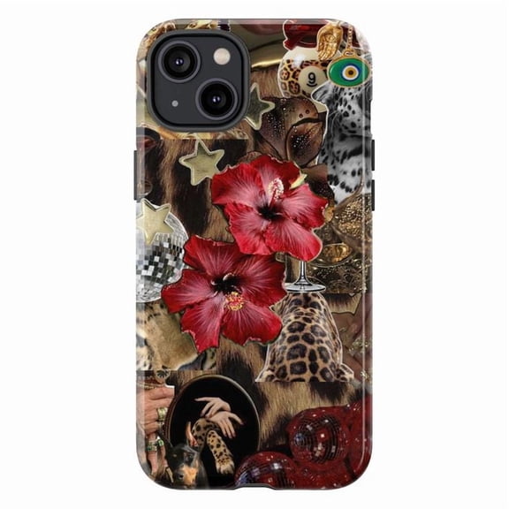 Wild Collage Phone Case, Red Hibiscus Floral and Leopard Print Artistic iPhone Cover, Unique Protective Case for iPhone 17 16 15 14 13 12 11 Plus Pro Max Mini