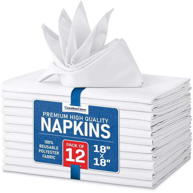 Canadian Linen Serviettes de Table Blanches, 18"x18 Pouces, Lot de 12 Serviettes de Table en Polyester Réutilisables et Lavables pour Stations, Motels, Déjeuners, Mariages et Hôtels