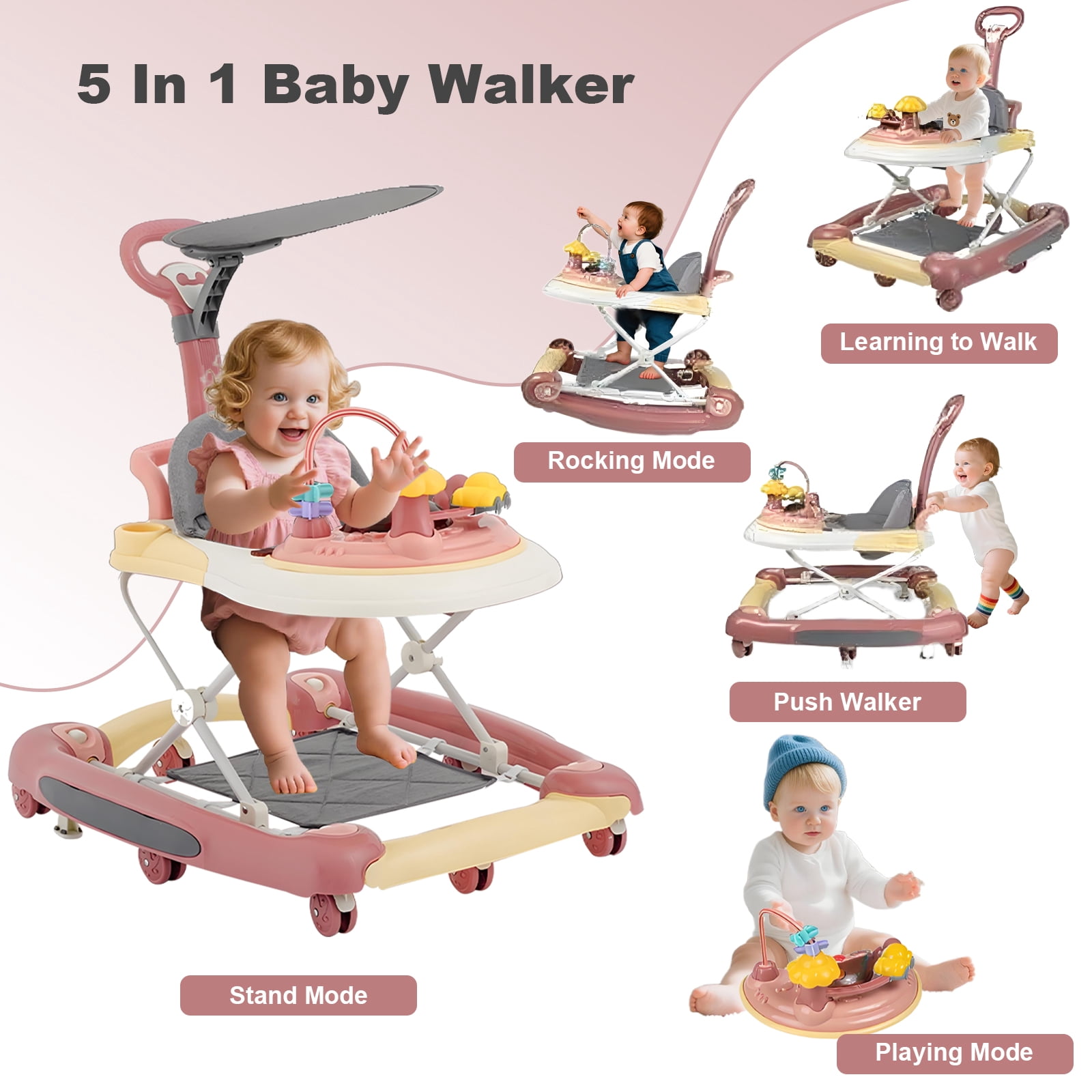 ManyFun 5-in-1 Baby Walker, Musical Activity Push Walker with Detachable Awning Footrest, Adjustable Height, Pink