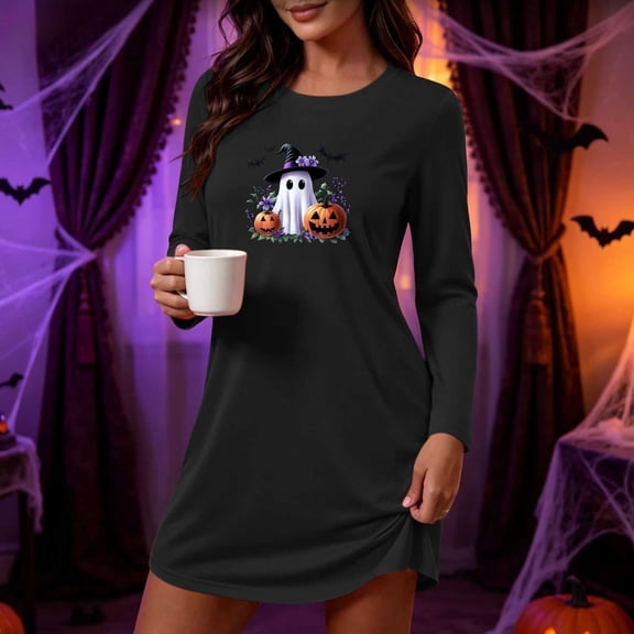 SELONE Nightgowns for Women Halloween Plus Size Short Nightshirts Ghost Long Sleeve Nightwear Gift for Wife Sleep Dress