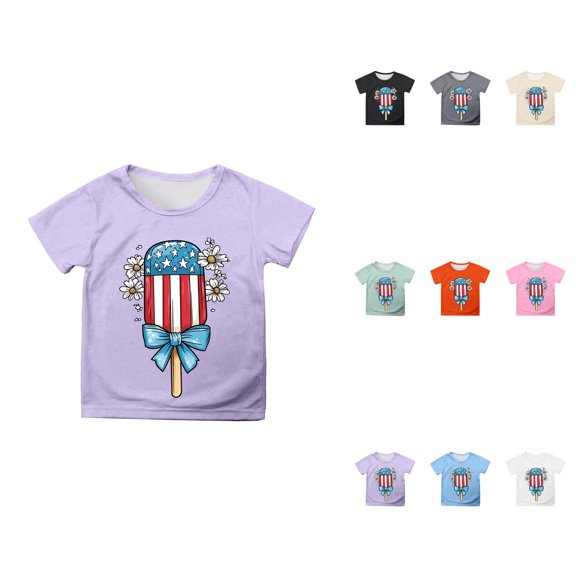 Girls' Short Sleeve Cotton Tee with American Flag & Bow Print – 4th of July Independence Day Casual Top, Round Neck Blouse for Everyday Wear & Party Outfits (2-12 Years)