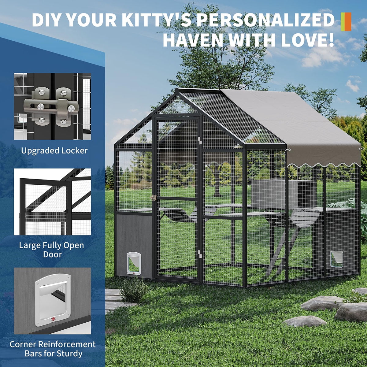 Aluminum Walk-In Large Outdoor Cat Enclosure,Large Outdoor Catio for Multiple Cats,Outside Cattery with Weatherproof Roof with Channels,Side Door,UV Proof Cover,Huge Condo,Platform(ship in 2 boxes)