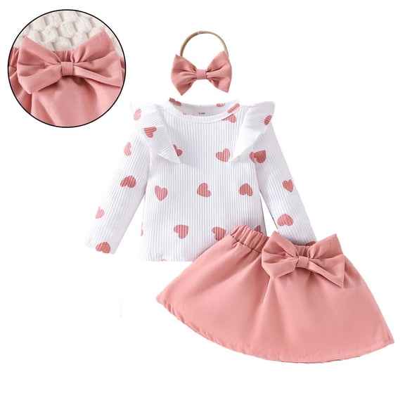 Valentines Outfit Baby Girl Long Sleeve Heart Print Ruffle Top Tutu Skirts and Headband Set Cute Girl Outfits Baby Girl Outfits 18-24 Months