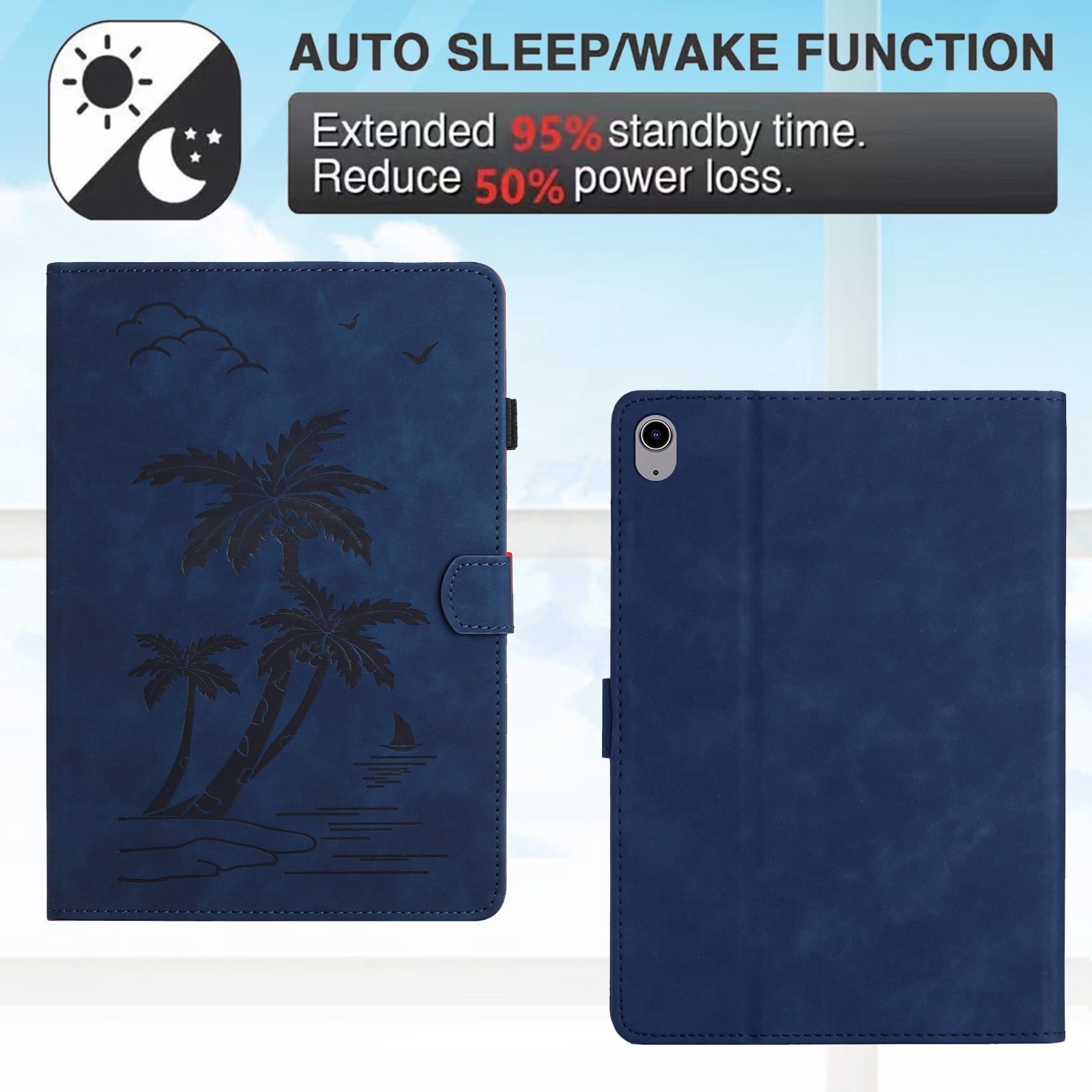Allytechgroup for iPad (A16) 11th Generation 11 inch Case 2025 with Stand/Pencil Holder/Card Pockets/Magnetic Closure Smart Embossed Palm Tree PU Leather Folio Wallet Cover, [Auto Wake/Sleep], Blue
