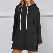 SNKSDGM Women Winter Solid Oversized Longline Hoodie Tunic Long Sleeve Drawstring Sweatshirt Dress With Side Pockets & Side Slits Black L