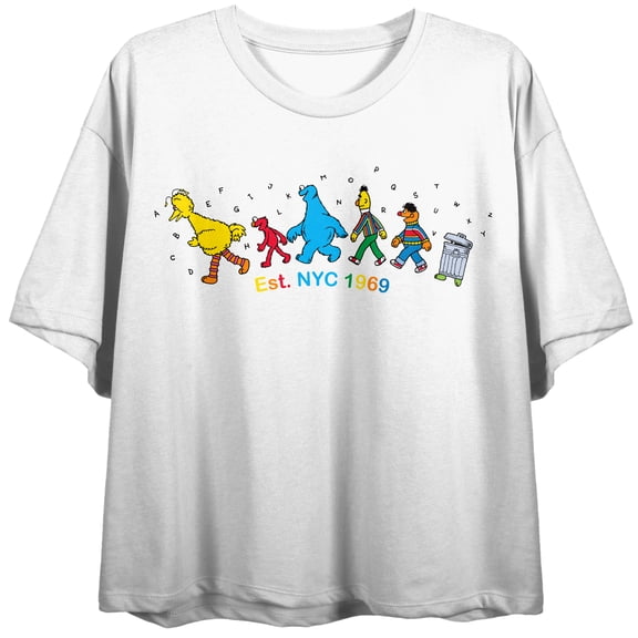 Sesame Street Characters Walking EST NYC 1969 Women's White Crew Neck Short Sleeve Crop Top-Small