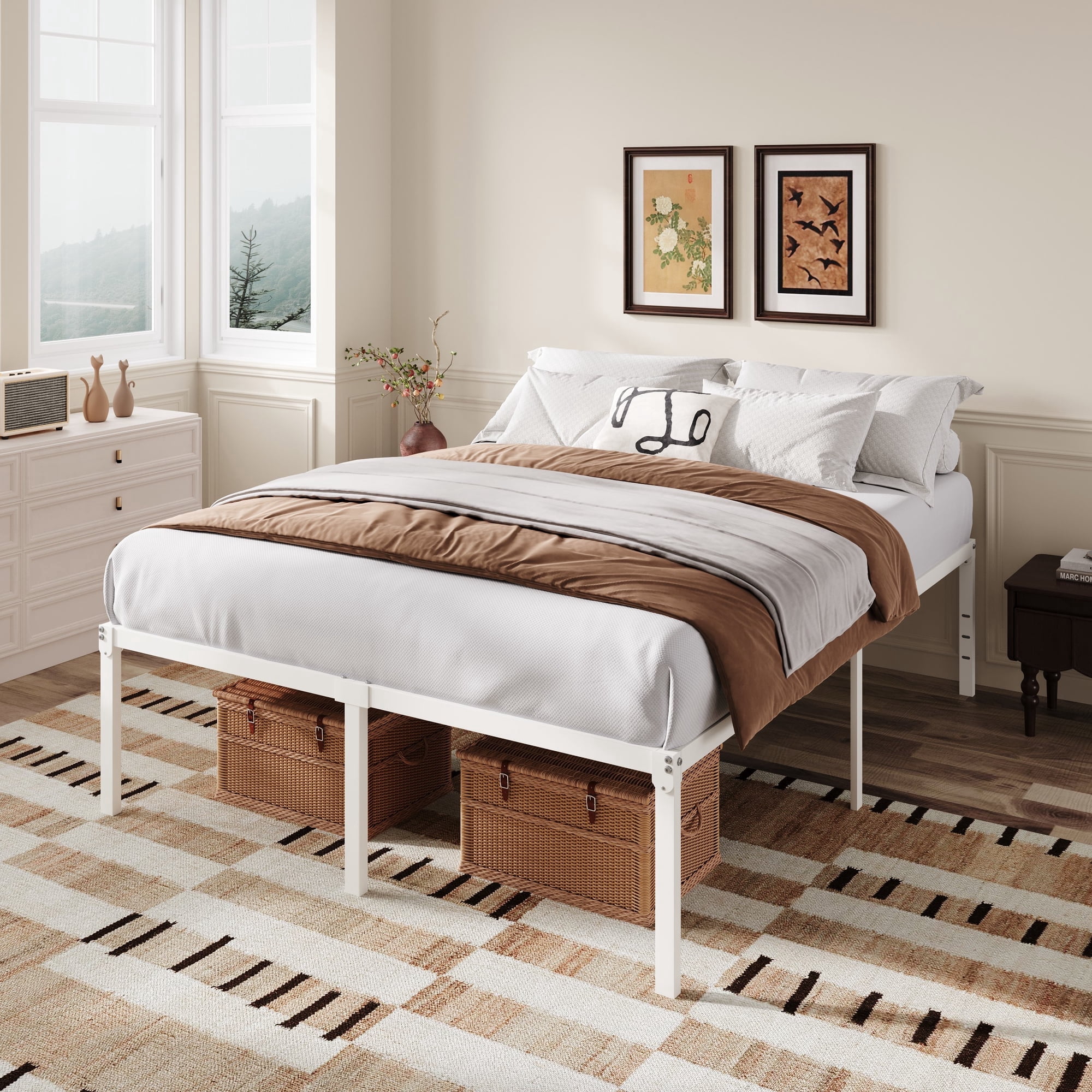 Amolife Heavy Duty Queen Size 18'' Metal Platform Bed Frame with Ample Under Bed Storage Space, White