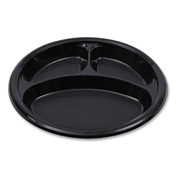 Boardwalk Hi-Impact Plastic Dinnerware, Plate, 3-Compartment, 10" dia, Black, 125/Sleeve, 4 Sleeves/Carton
