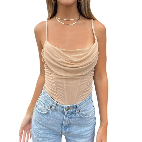 Qmyliery Women Cowl Neck Camisole, Solid Color Spaghetti Strap Bodycon Cropped Tank Tops, Apricot/ Black/ White