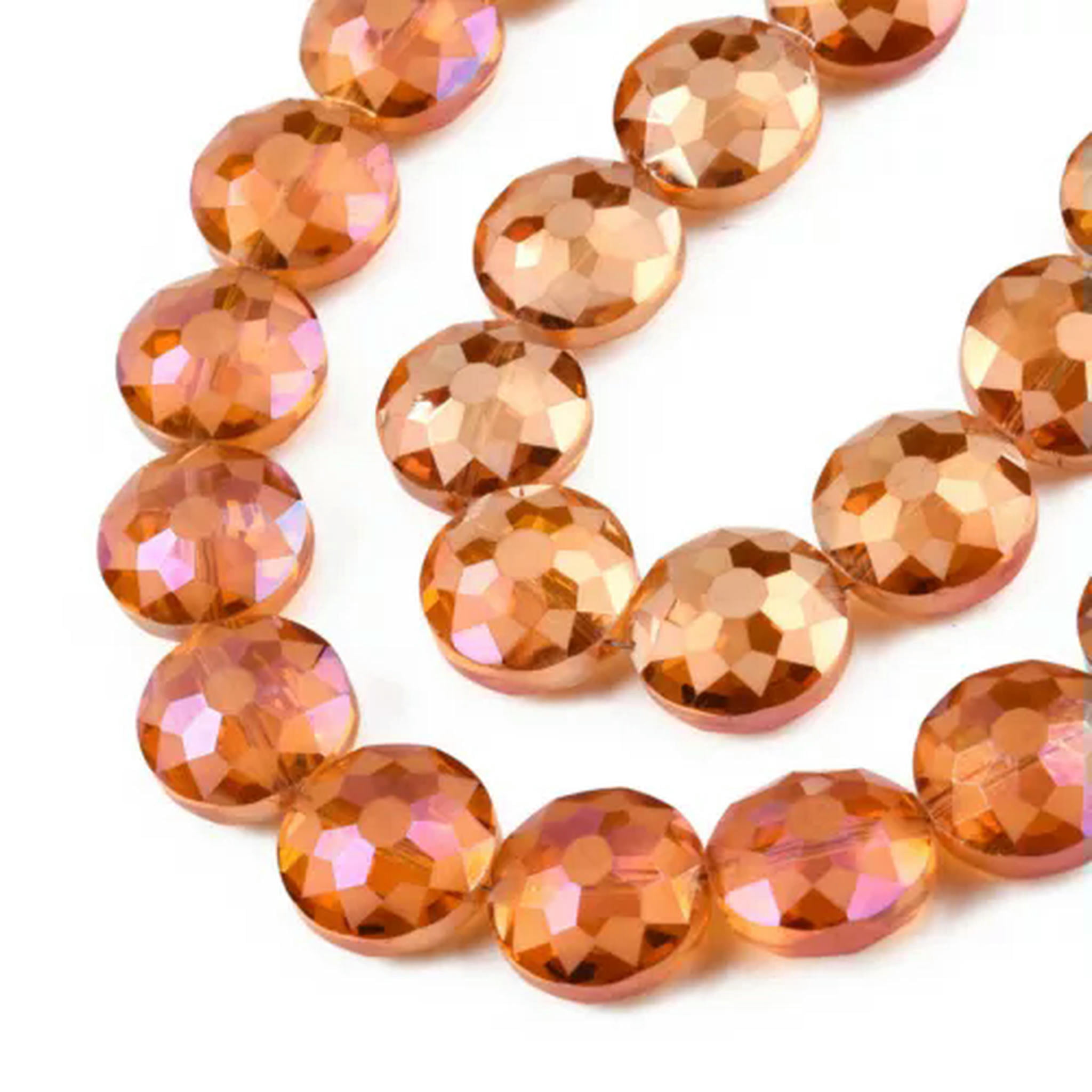 U8MO 2Strands Rainbow Plated Faceted Flat Round Electroplate Glass Beads Frosted 14mm-Coral