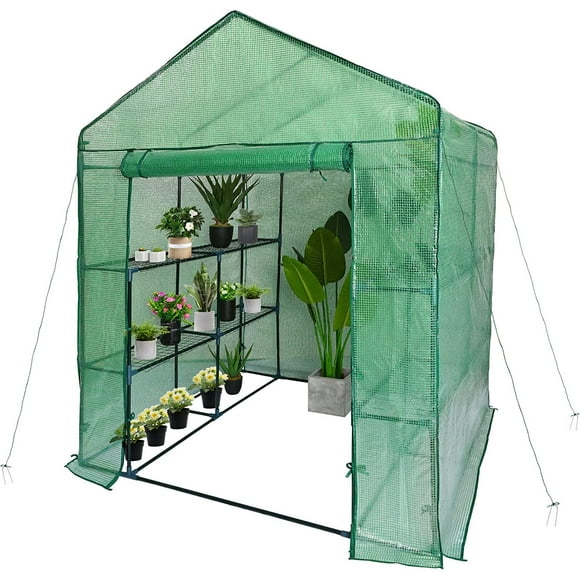 Large Walk-in Greenhouse, 59" L x 55" W x 78" H Green House 2 Tier 8 Shelves with Roll-up Zipper Door for Lawn Garden Herb Flower, Green