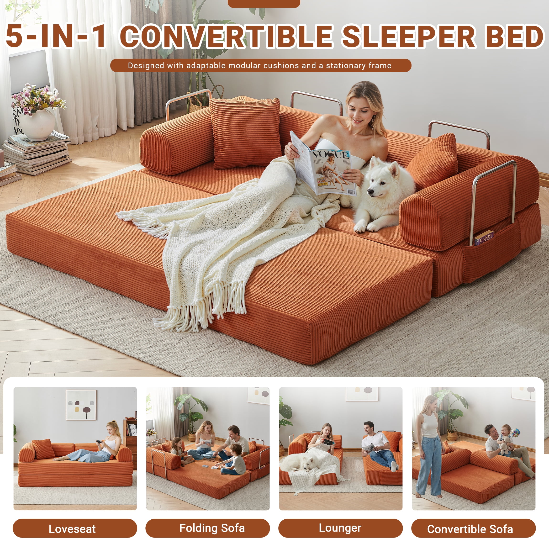 Vanress 78" Convertible Sofa Bed, Folding Sleeper Sofa Couch Bed with Fixed-Shape Frame, Pull-Out Sleeper Loveseat, Corduroy Boneless Futon Bed, No Assembly Required for Living Room & Bedroom, Orang