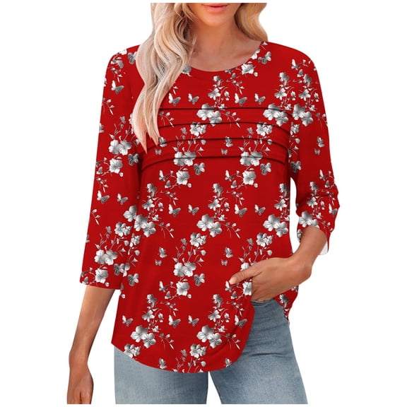 Jsaierl Womens 3/4 Length Sleeve Tops Casual Crew Neck Shirts Dressy Graphic Petite Blouses Classic Cotton Tunic Top S-2XL