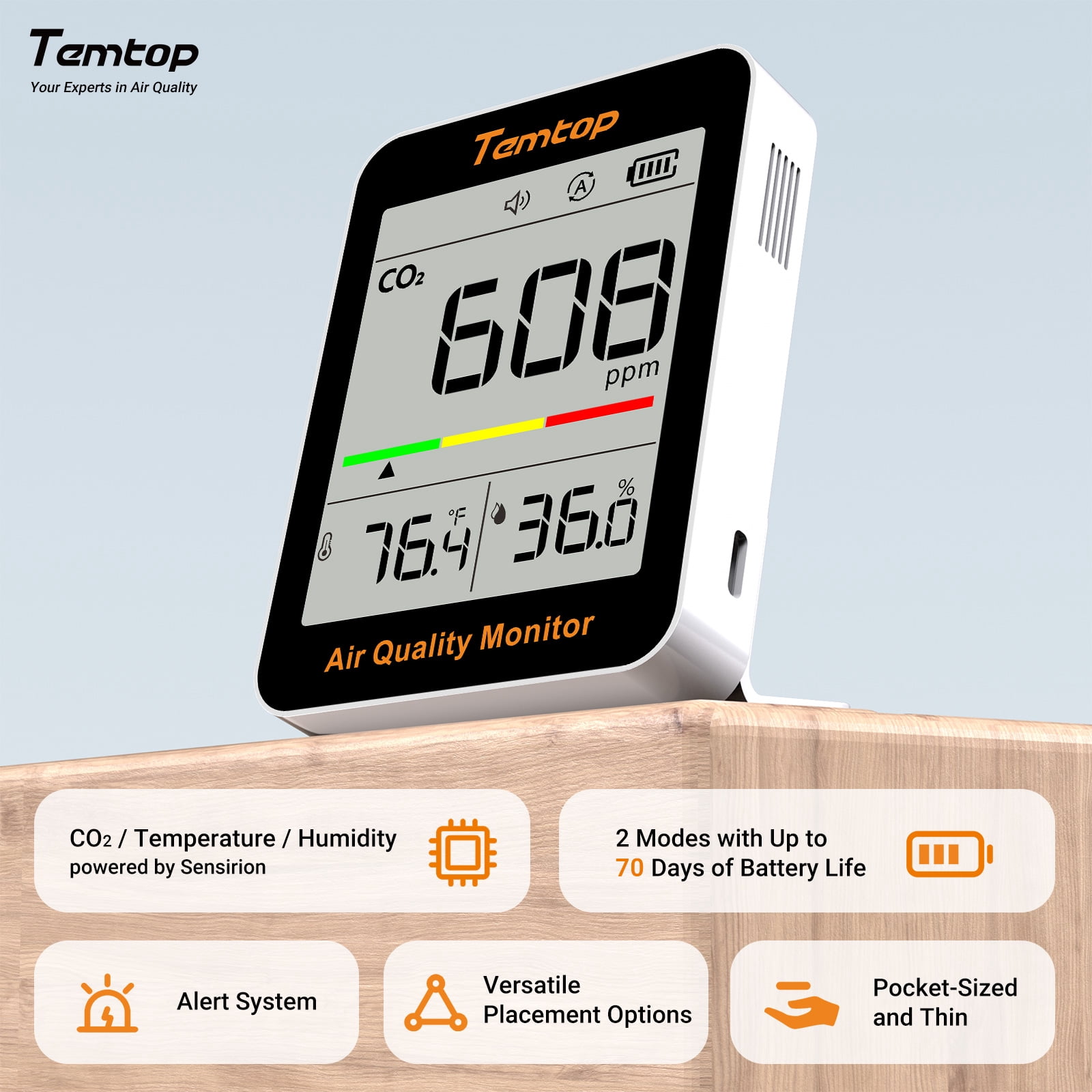 Temtop C1 CO2 Monitor Indoor air Quality Monitor Portable CO2 Meter, CO2, Temperature, Humidity Home, Office or School