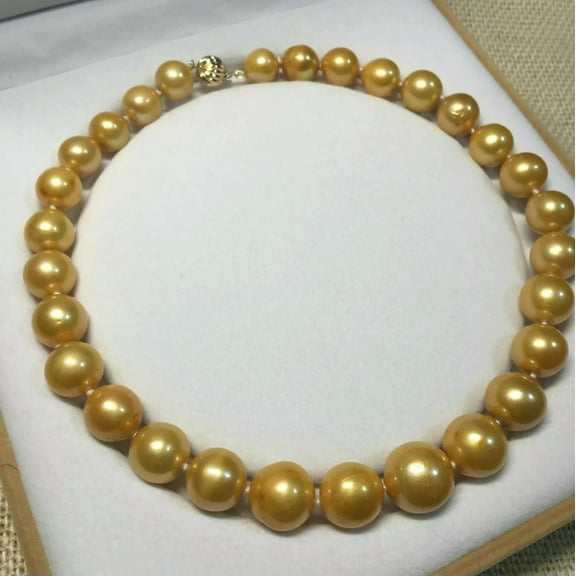 K-KED Rare huge 12-15mm round south sea golden pearl necklace 18inch