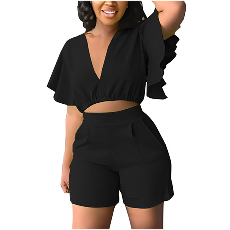 REORIAFEE Womens Summer Outfits Casual Oversized Sets Workout Sports  Tracksuits Cute Outfits Women's Ruffle Short Sleeve V Neck Top Casual  Shorts Summer Plus Size Women Suits Black L 