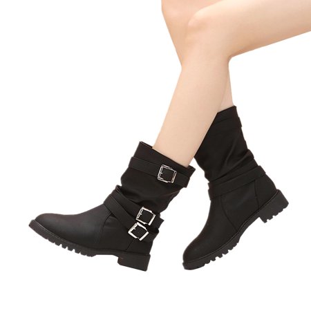 

BELLZELY Wide Width Women Shoes Clearance Vintage Belt Buckle Knight Boots Pleated Low Heel Cotton Sleeve Mid Sleeve Boots