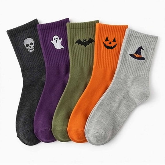 Halloween Embroidered Mid-Calf Socks Thick Knitted Cozy Warm Stockings | Unisex Cute And Cozy Spooky Season Double Sided Embroidery Featuring Ghosts Skulls Pumpkins Bats And Witch Hats Leggings Sock