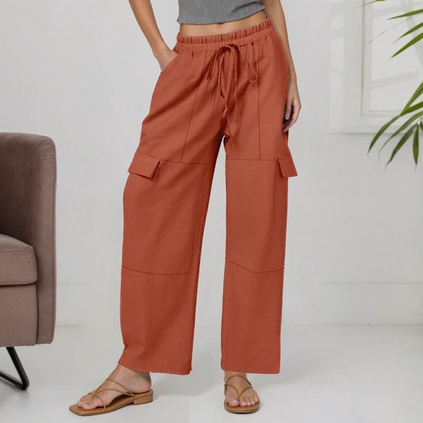 WILLBEST Pantalones Casuales de Lino para Mujer, Cintura Alta Elástica, con Cordón Ajustable, Holgados, de Pierna Ancha, para Actividades Informales En La Playa. Chica