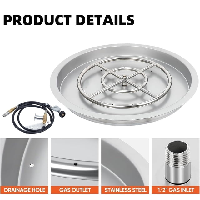 Kojooin Round Drop-In Fire Pit Pan, Stainless Steel Propane and Natural Gas Insert with Spark Ignition Kit