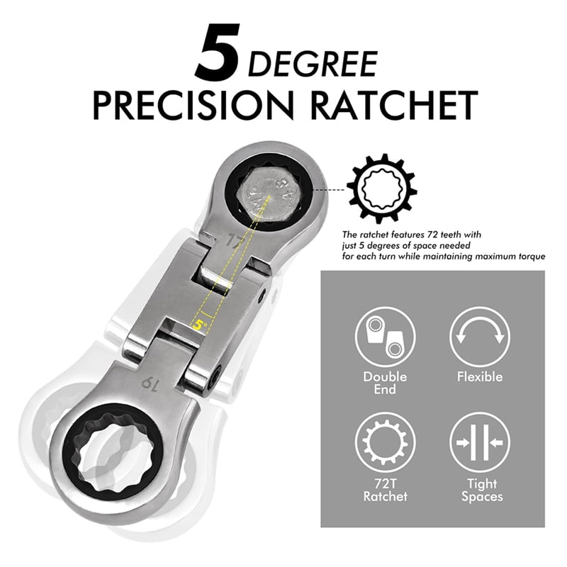 5 Pieces Stubby Wrenches Set, Flex Head Ratcheting Wrench Set Double Box End Ratchet Wrench Metric 8 -19 mm