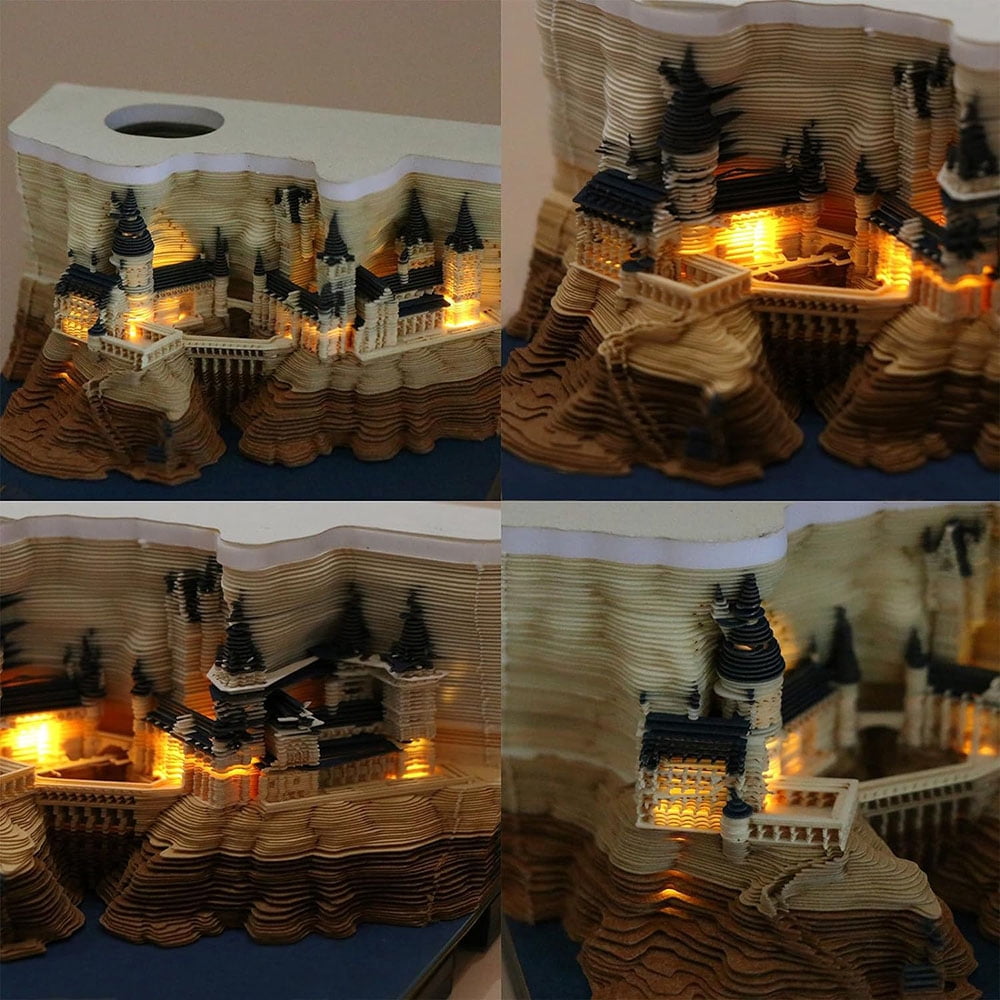 3D 2024 Desk Calendar Magic Castle Block Notepad with LED Light, 3D Art Memo Pad Paper Carving Birthday Gift , Notepad Sticky Notes Scrapbook Christmas Home Decoration