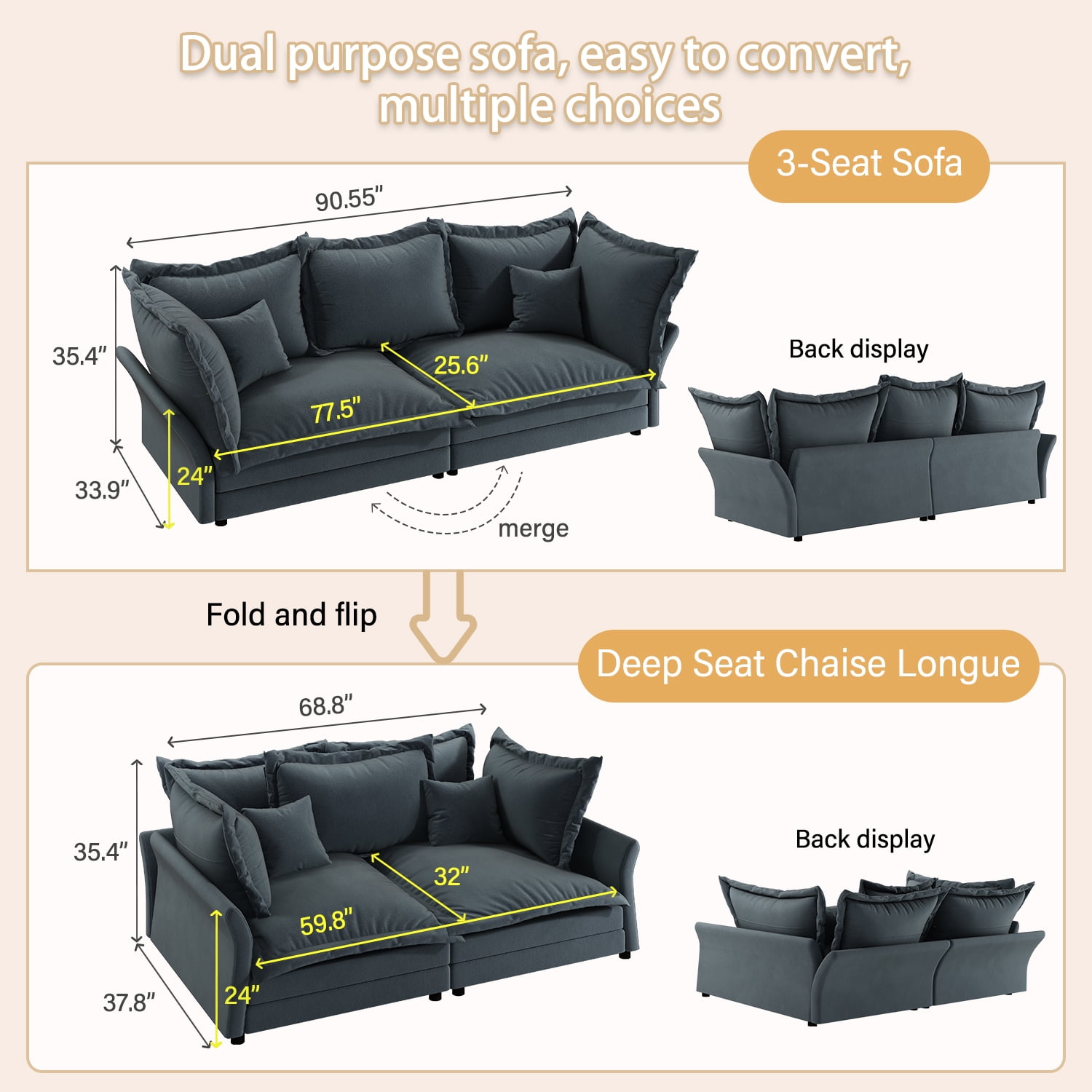Aukfa 90.55" Overstuffed Sofa Cloud Couch, Convertible Deep Seat Chaise Longue with Large Pillows for Living Room, Gray