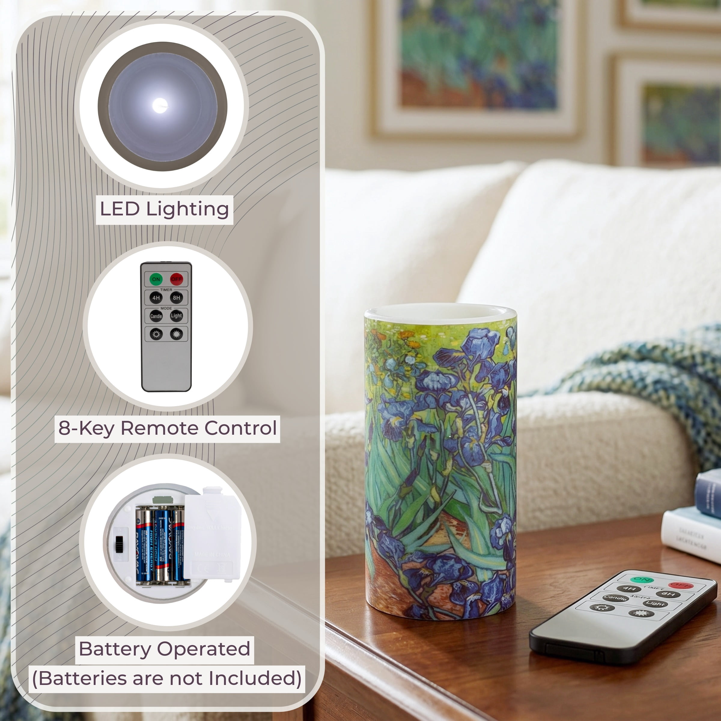 Lavish Home Flameless Candle - Van Gogh Irises Battery Operated LED Candle with Remote