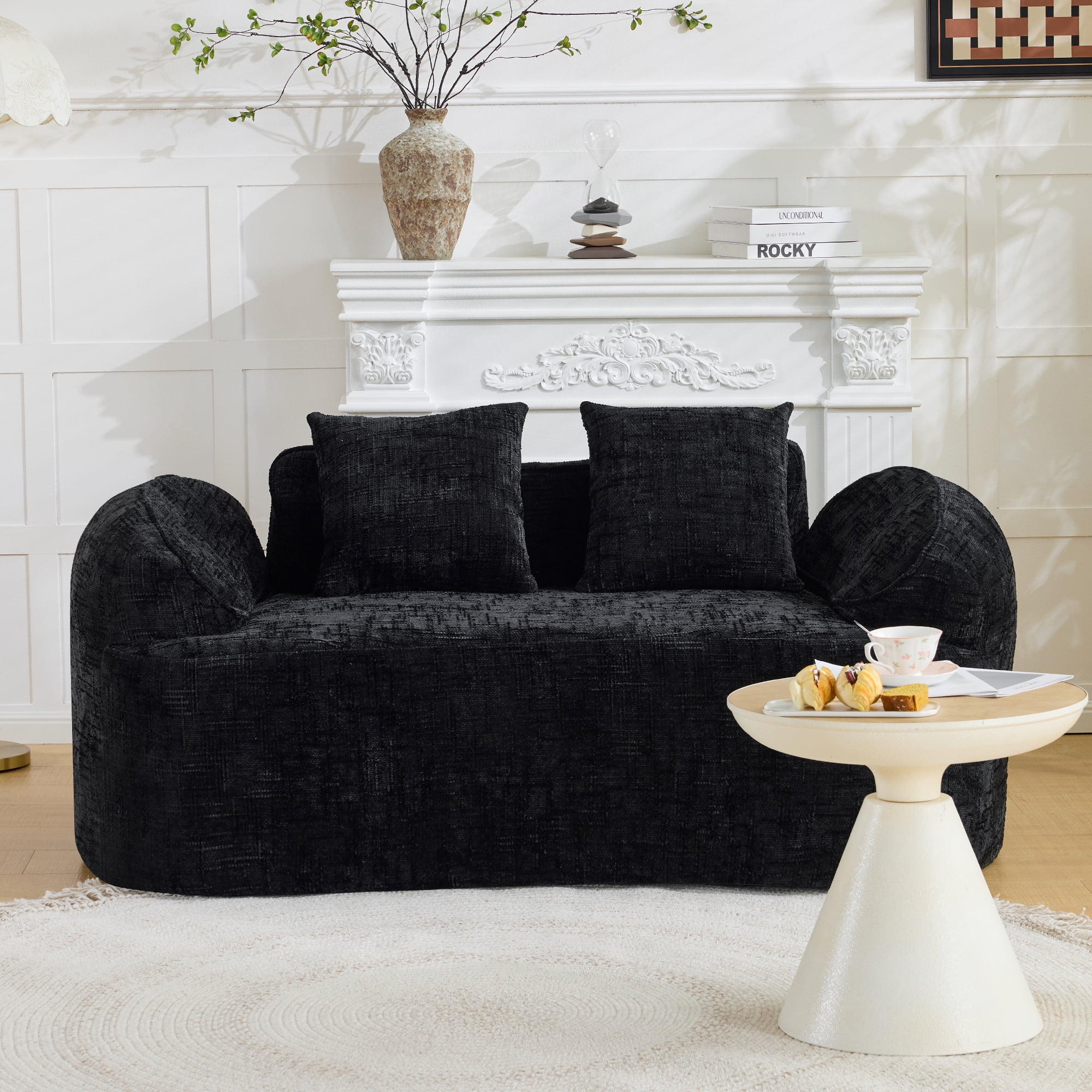 Leumius 66" 2 Seater Sofa Compress Sofa with Armrests & 2 Pillows,No Assembly Required,Compact Sofa Couch for Small Apartments,Living Room,Bedroom,Black