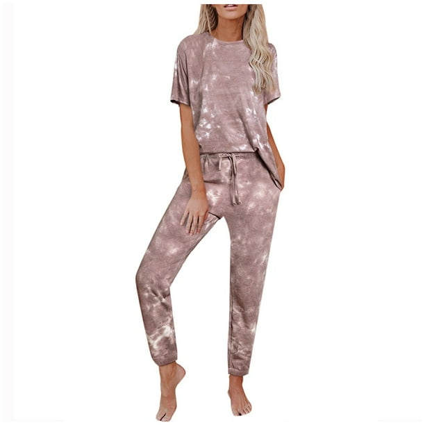 2Pcs Women TieDye Sweatsuit Set Short Sleeve Top Drawstring Sweatpants Sets Suits for Women