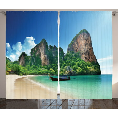 Tropical Decor Curtains 2 Panels Set, Railay Beach In Krabi Thailand Small Boat Crystal Water Rock Cliff Tropical Landscape, Living Room Bedroom Accessories, Gift Ideas, By