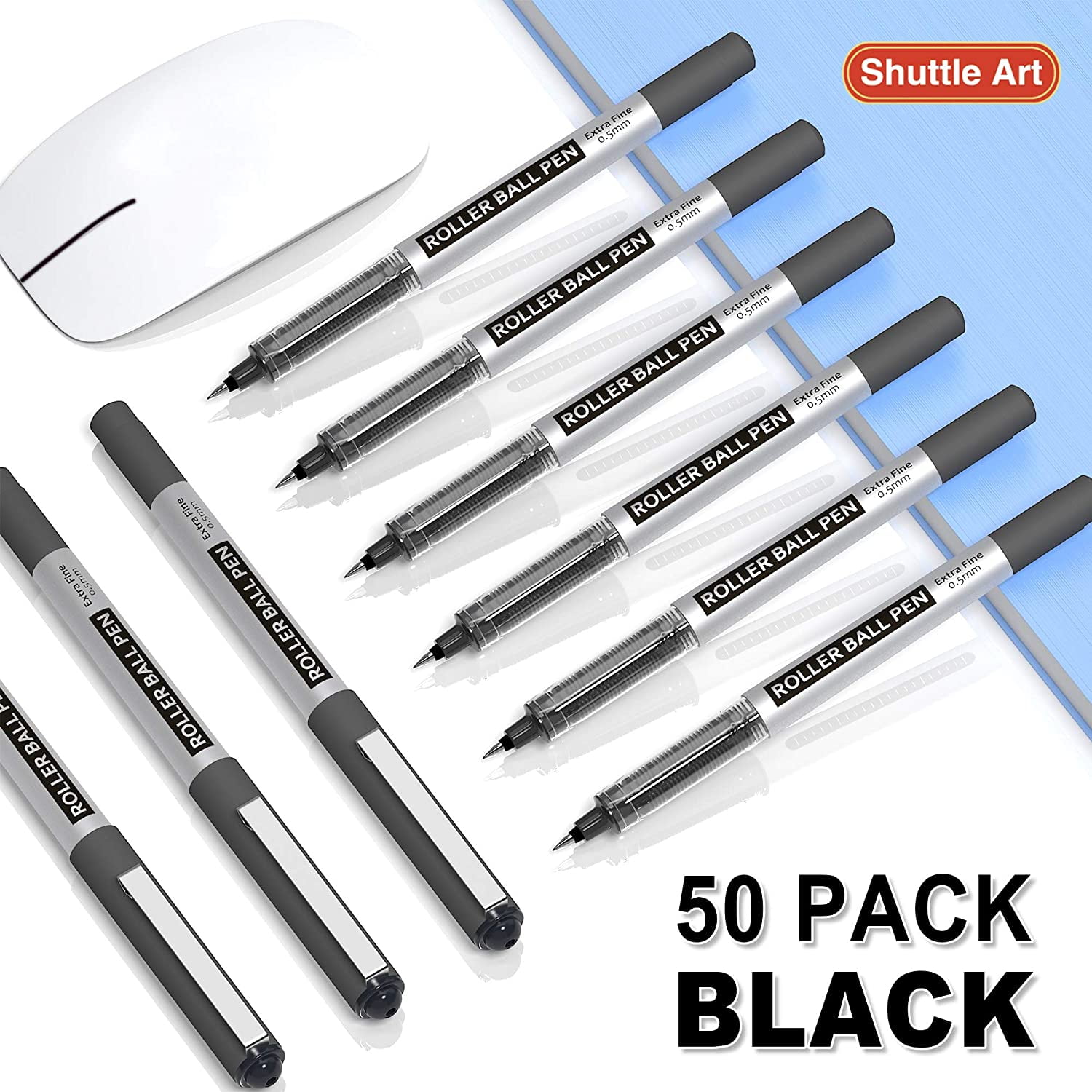 RollerBall Pens, Shuttle Art 50 Pack Black Fine Point Roller Ball Pens, 0.5mm Liquid Ink Pens for Writing Journaling Taking Notes