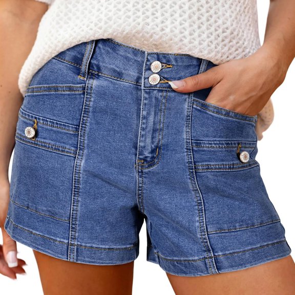 Yifymode Women's High Waisted Denim Shorts, Button Fly Casual Jean Shorts with Pockets, Summer Slim Fit Stretch Shorts for Daily Wear,Dark Blue M